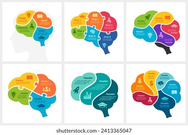 Puzzle Brain Medicine Infographic. Education Creative Thinking Illustration. Circle diagram 3, 4, 5, 6 parts, steps, options. Generate Idea Brainstorming Process. Psychology logo icon. Mental Health