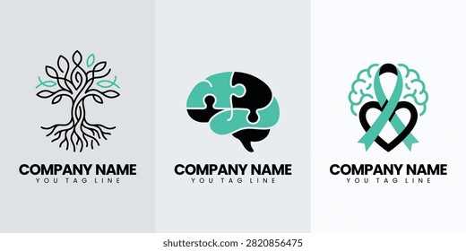 Puzzle brain tree and mental health ribbon isolated on pure white background