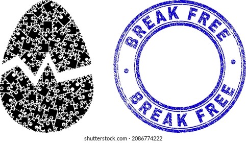 Puzzle Broken Egg Mosaic Icon With Break Free Seal Stamp. Blue Vector Rounded Grunge Stamp With Break Free Caption. Abstract Composition Of Broken Egg Icon Done Of Puzzle Plugins.