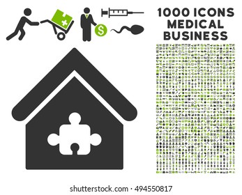 Puzzle Building icon with 1000 medical commerce eco green and gray vector pictographs. Clipart style is flat bicolor symbols, white background.