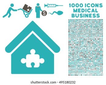 Puzzle Building icon with 1000 medical commerce grey and cyan vector pictographs. Set style is flat bicolor symbols, white background.