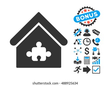 Puzzle Building icon with bonus elements. Vector illustration style is flat iconic bicolor symbols, blue and gray colors, white background.