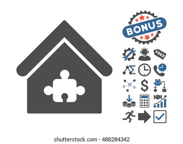 Puzzle Building icon with bonus icon set. Vector illustration style is flat iconic bicolor symbols, cobalt and gray colors, white background.