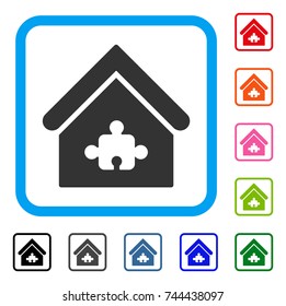 Puzzle Building icon. Flat grey pictogram symbol inside a blue rounded rectangular frame. Black, gray, green, blue, red, orange color versions of Puzzle Building vector.