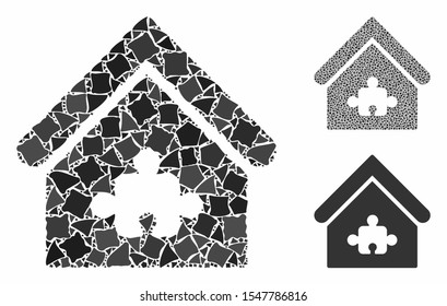 Puzzle building mosaic of abrupt parts in different sizes and color tints, based on puzzle building icon. Vector abrupt items are grouped into mosaic.