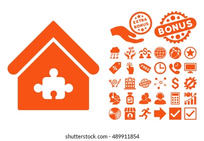 Puzzle Building pictograph with bonus elements. Vector illustration style is flat iconic symbols, orange color, white background.