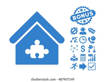 Puzzle Building pictograph with bonus pictogram. Vector illustration style is flat iconic symbols, cobalt color, white background.