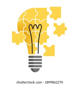 Puzzle, bulb, innovation icon. Electric lamp collecting from jigsaw puzzles. Vector isolated illustration