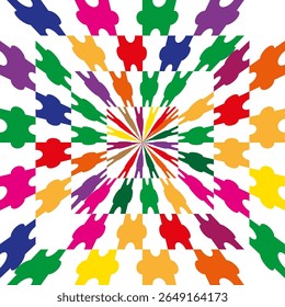 Puzzle burst star. Color jigsaw Vector. Radial piece explosion. White backdrop art.
