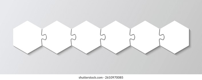 Puzzle business chain infographic with 6 pieces in a row. Jigsaw diagram grid. Process infographics presentation. Business info graphic with steps, parts. Vector illustration