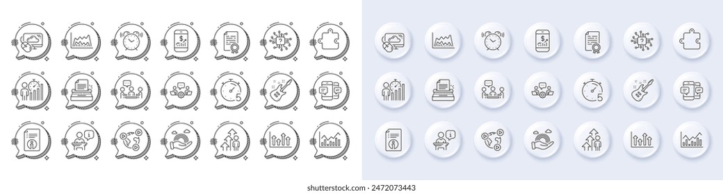 Puzzle, Business statistics and Video conference line icons. White pin 3d buttons, chat bubbles icons. Pack of Infochart, Smartphone sms, Alarm clock icon. Vector