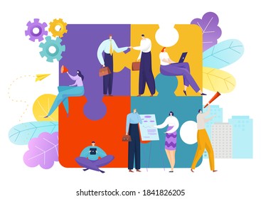 Puzzle business teamwork, team people partnership communication vector illustration. Success idea strategy for man woman at jigsaw. Building office work concept, brainstorming together.