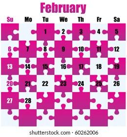 Puzzle calendar for 2011. February. Vector.