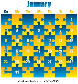 Puzzle calendar for 2011. January. Vector.