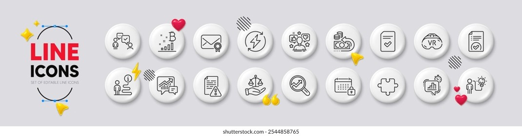 Puzzle, Calendar and Business idea line icons. White buttons 3d icons. Pack of Accounting, Renewable power, Influence icon. Analytics, Statistics timer, Consulting business pictogram. Vector