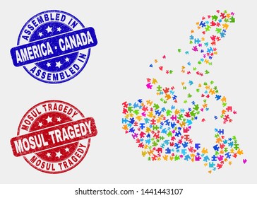 Puzzle Canada v2 map and blue Assembled seal stamp, and Mosul Tragedy distress seal stamp. Bright vector Canada v2 map mosaic of plugin bricks. Red round Mosul Tragedy imprint.