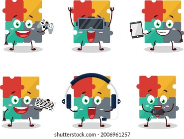 Puzzle cartoon character are playing games with various cute emoticons. Vector illustration