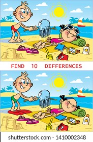Puzzle with cartoon children on the beach, where you need to find differences in the pictures.  Vector illustration for educational and entertainment programs for children.