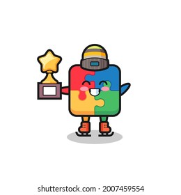 puzzle cartoon as an ice skating player hold winner trophy , cute style design for t shirt, sticker, logo element