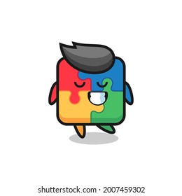 puzzle cartoon illustration with a shy expression , cute style design for t shirt, sticker, logo element