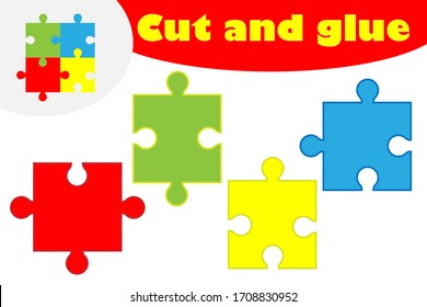 Puzzle in cartoon style, education game for the development of preschool children, use scissors and glue to create the applique, cut parts of the image and glue on the paper, vector illustration
