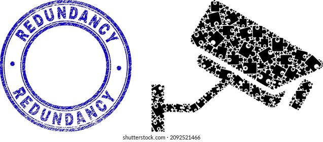 Puzzle CCTV camera mosaic icon with Redundancy stamp. Blue vector rounded distress seal with Redundancy text. Abstract mosaic of CCTV camera icon created of puzzle pieces.