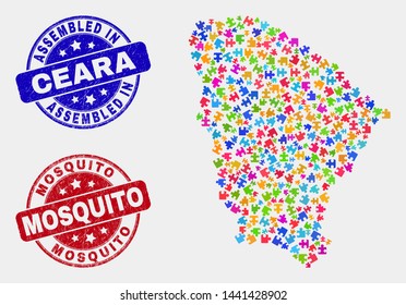 Puzzle Ceara state map and blue Assembled stamp, and Mosquito scratched stamp. Bright vector Ceara state map mosaic of puzzle components. Red rounded Mosquito imprint.