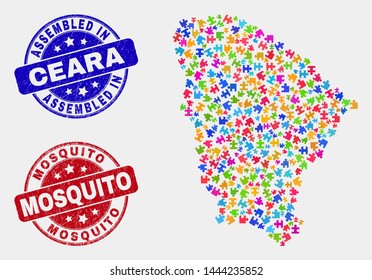 Puzzle Ceara state map and blue Assembled stamp, and Mosquito scratched stamp. Bright vector Ceara state map mosaic of puzzle components. Red rounded Mosquito imprint.