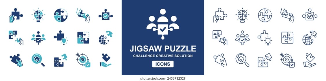 puzzle challenge solution icon set. Teamwork mission problem solving match jigsaw piece vector illustration