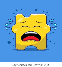 Puzzle character with sad face and tears flying. design cartoon vector illustration with simple color. cartoon puzzle character concept