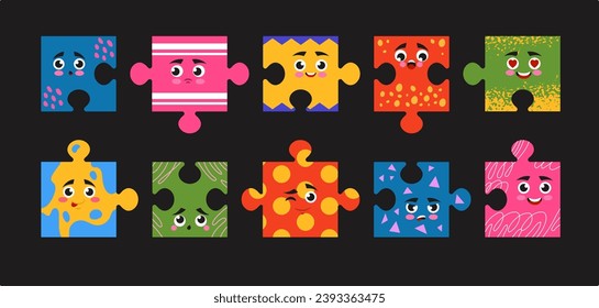 Puzzle characters. Abstract doodle faces, cute and smile emotion shapes, people eye and mouth on mosaic pieces. Funny jigsaw emoji with different expressions. Teamwork symbol. Vector cartoon tidy set