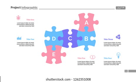 Puzzle chart with five elements. Diagram, slide, template. Creative concept for infographics, presentation, project, report. Can be used for topics like business, research, management