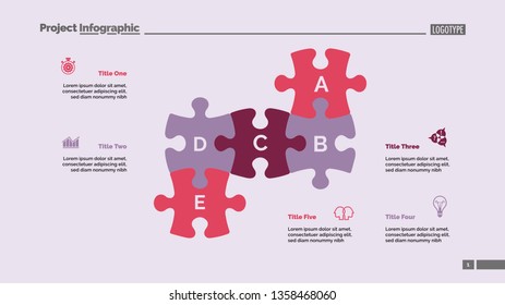Puzzle chart with five elements. Diagram, slide, template. Creative concept for infographics, presentation, project, report. Can be used for topics like business, research, management