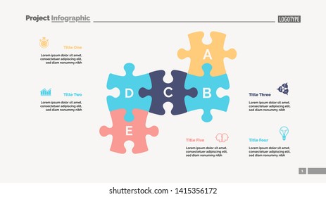 Puzzle chart with five elements. Diagram, slide, template. Creative concept for infographics, presentation, project, report. Can be used for topics like business, research, management