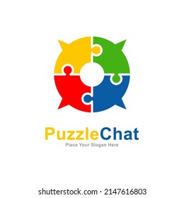 Puzzle chat bubble circle design vector logo. Suitable for education, social network, and business