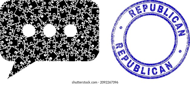 Icono de mosaico de mensajes de chat de rompecabezas con sello republicano. Sello de foca rayado redondeado vector azul con frase republicana. Concepto abstracto de icono de mensaje de chat construido con elementos de rompecabezas.
