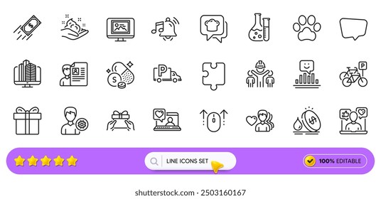 Puzzle, Chat message and Smile line icons for web app. Pack of Truck parking, Fast payment, Sulfur mineral pictogram icons. Photo thumbnail, Social media, Dog paw signs. Engineering team. Vector