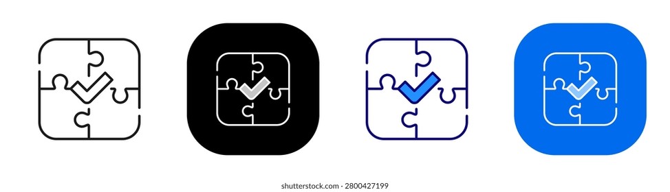 Puzzle with check mark for completed integration solution and validation. Line, filled, black, color set. Editable stroke