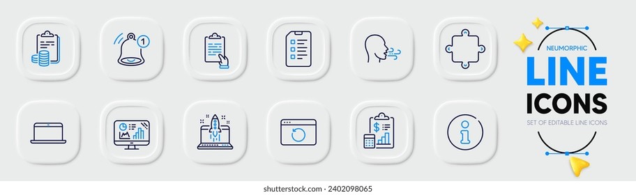 Puzzle-, Checkliste- und Erinnerungszeilensymbole für die Web-App. Pack of Start Business, Report, Recovery Internet-Piktogramm-Symbole. Analytics Graph, Info, Zwischenablage Zeichen. Rechnungslegung. Neumorphe Knöpfe. Vektorgrafik