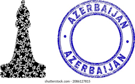 Puzzle chess bishop mosaic icon and Azerbaijan seal stamp. Blue vector round distress seal stamp with Azerbaijan caption. Abstract concept of chess bishop icon created of puzzle elements.