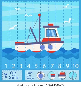 Puzzle for child. Learning numbers game. Children educational game. Activities page. Find matching parts picture. Kids activity page for book. Vector illustration.