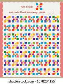 Puzzle for children and adults. Development of attention, thinking, memory. Find and count how many of these shapes worksheet