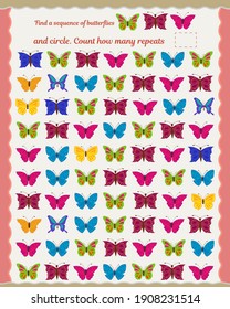 Puzzle for children and adults. Development of attention, thinking, memory. Find and count the sequence of butterflies as shown