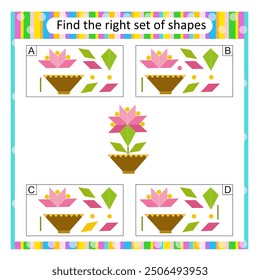 Puzzle for children. Attention task. Find the correct set of cartoon flower. Answer is A.