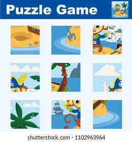Puzzle for children featuring a pirate monkey. Match pieces and complete the picture. Activity for preschool children. Vector illustration.
