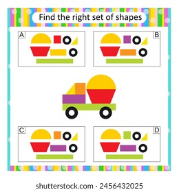 Puzzle for children. Find the correct set of cartoon truck. Answer is C.