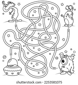 Puzzle for children. Labyrinth. Coloring the contour of the road in space by which you need to determine whose flying saucer it is. Coloring book for children.