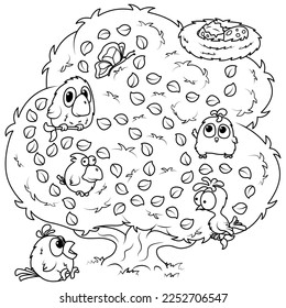 Puzzle for children. Labyrinth. Coloring the outline of the tree along which you need to lead the chick to the nest. Coloring book for children.
