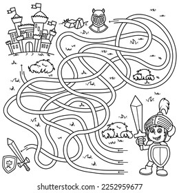 Puzzle for children. Labyrinth. Coloring the outline of the map along which you need to lead the knight to the castle of the princess. Coloring book for children.