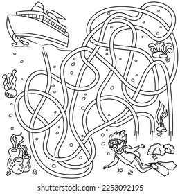 Puzzle for children. Labyrinth. Coloring the outline underwater world, in which the scuba diver needs to be taken to the boat. Coloring book for children.